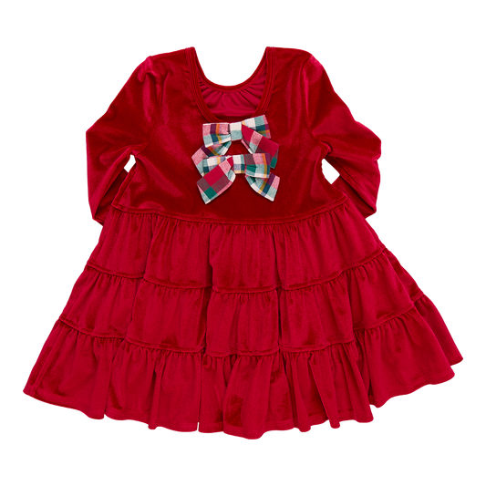 Girls Velour Pearl Dress - Red