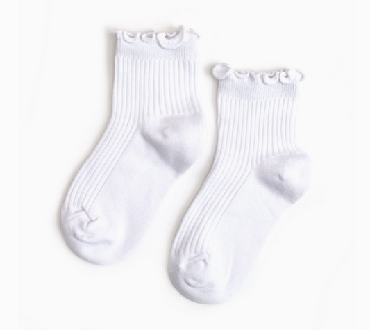 Ribbed Lettuce Trim Midi Socks - White