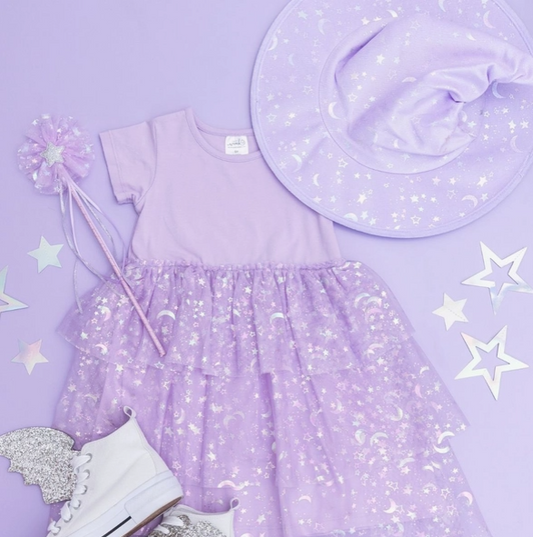 Lilac Star and Moon Halloween Short Sleeve Tutu Dress